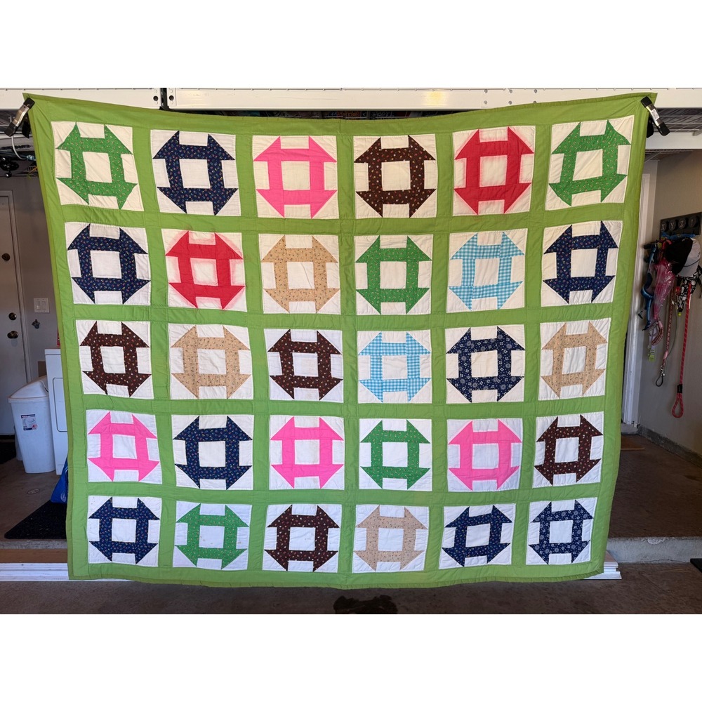 Vintage Handmade Churn Dash Patchwork Cutter Quilt Green Multi Color 88"x72" C